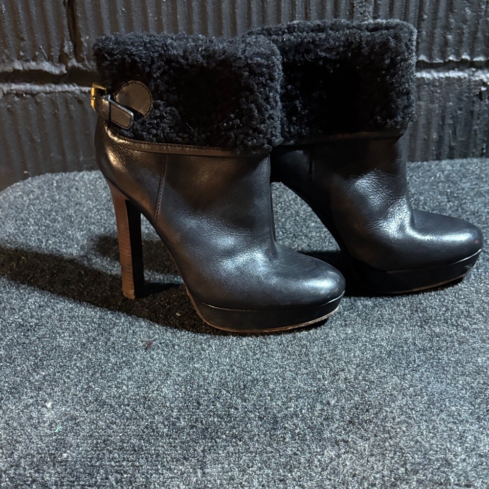 Coach Black Leather Heeled Boots with Fur Trim